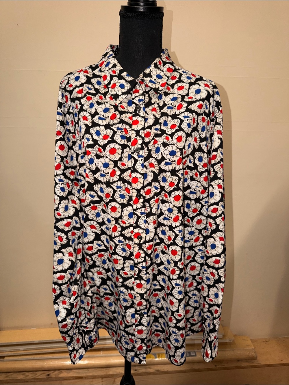 Jones New York Black Blouse with Red & Blue Floral Accents
